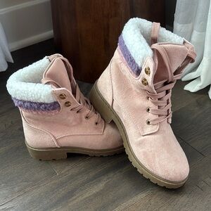 Olivia Miller Girl Suede look ankle boots,lace up,rugged sole,faux fur trim
